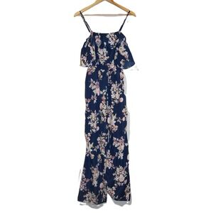 Haute Monde Floral Jumpsuit Womens Small Navy Blue Floral Excellent Ruffle